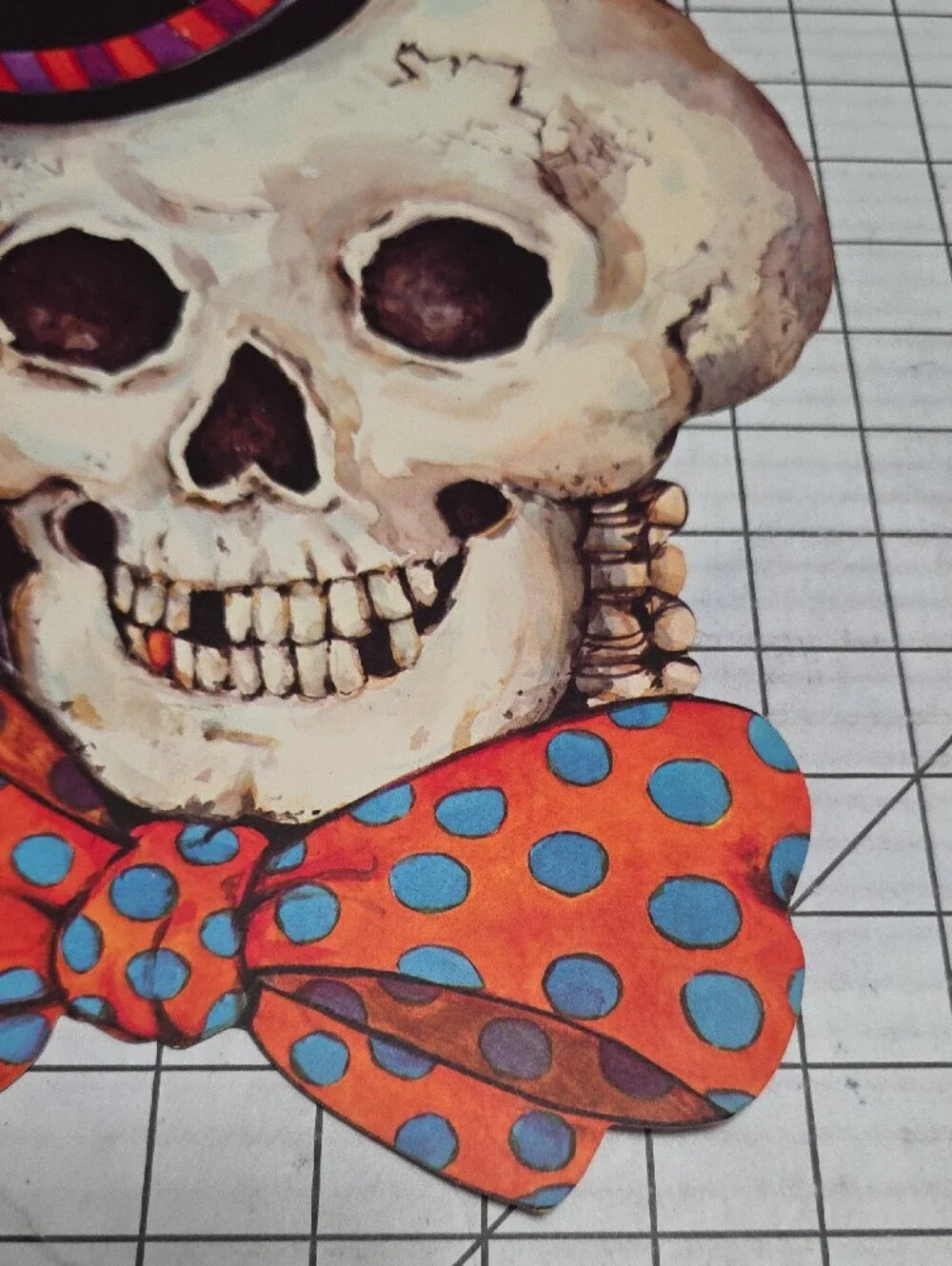 Halloween Skull with Polka Dot Bow Tie and Mini Hat, VTG, 10